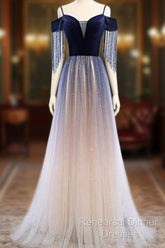Beautiful Blue Gradient Tulle Long Party Dresses,A-Line Off Shoulder Formal Dresses